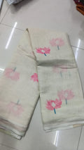 Ivory White Lotus Print Linen Saree