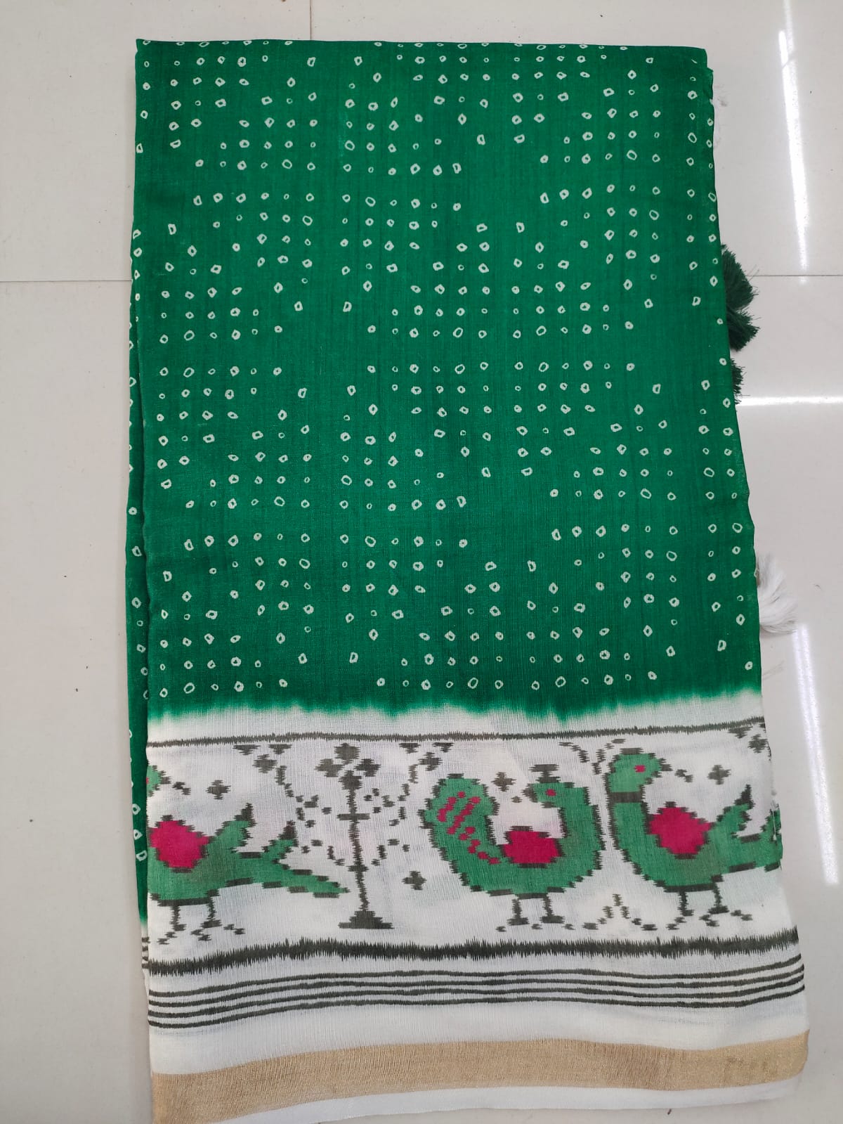 Emerald Green Bandhani Peacock Border Saree