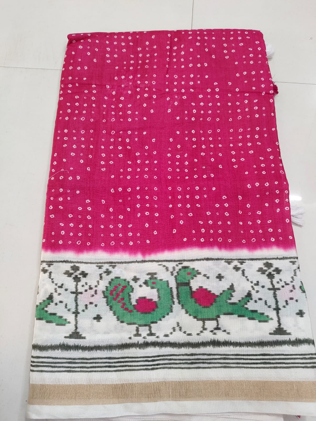 Rani Pink Bandhani Peacock Border Saree