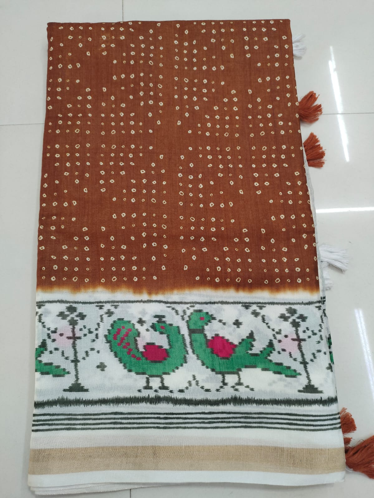 Rust Brown Bandhani Peacock Border Saree