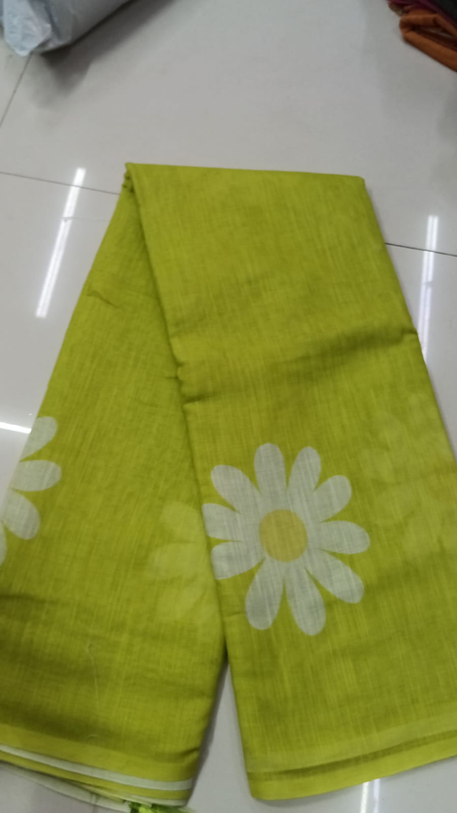 Lime Green Floral Linen Saree
