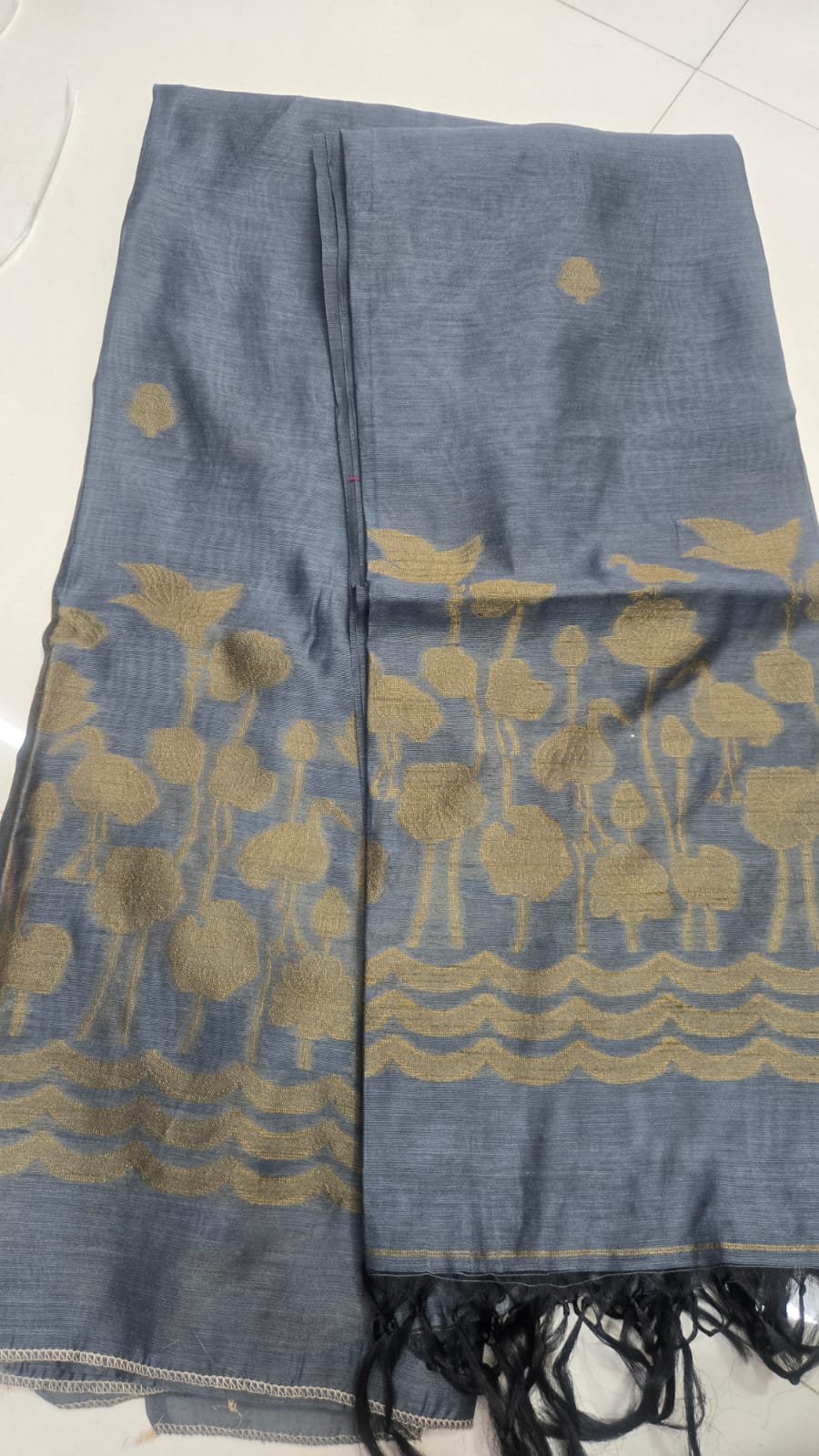 Dusty Blue Jamdani Saree with Lotus Woven Design