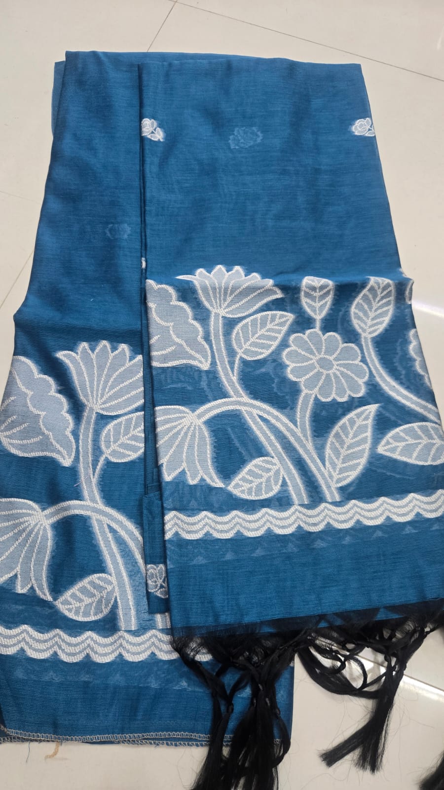 Ocean Blue Jamdani Saree with Floral Woven Design