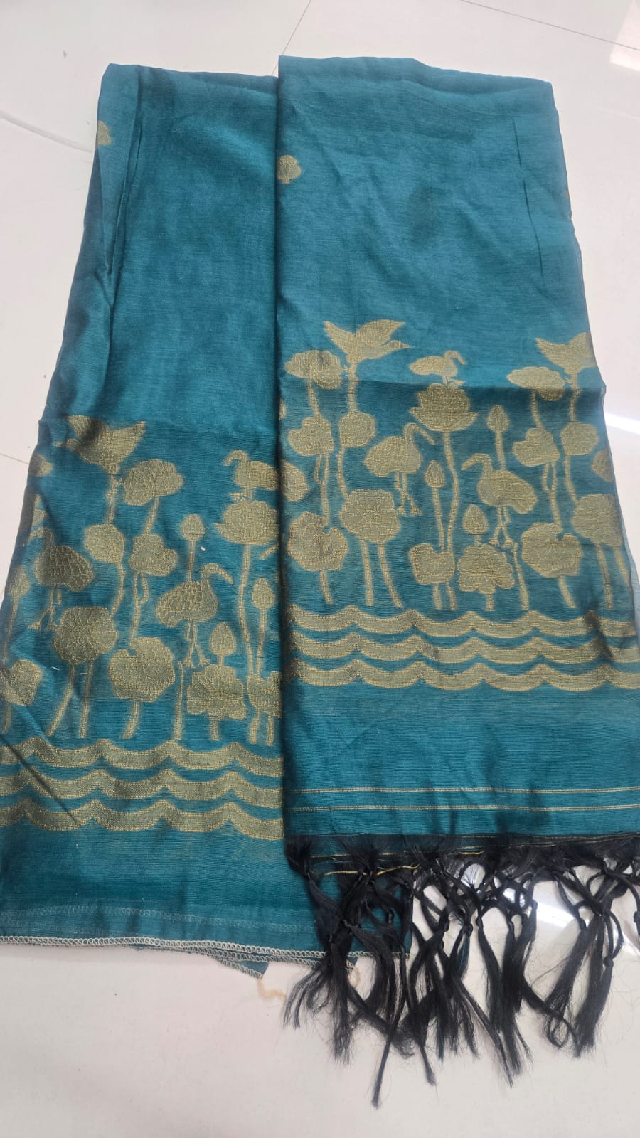 Teal Blue Jamdani Saree with Lotus Woven Design