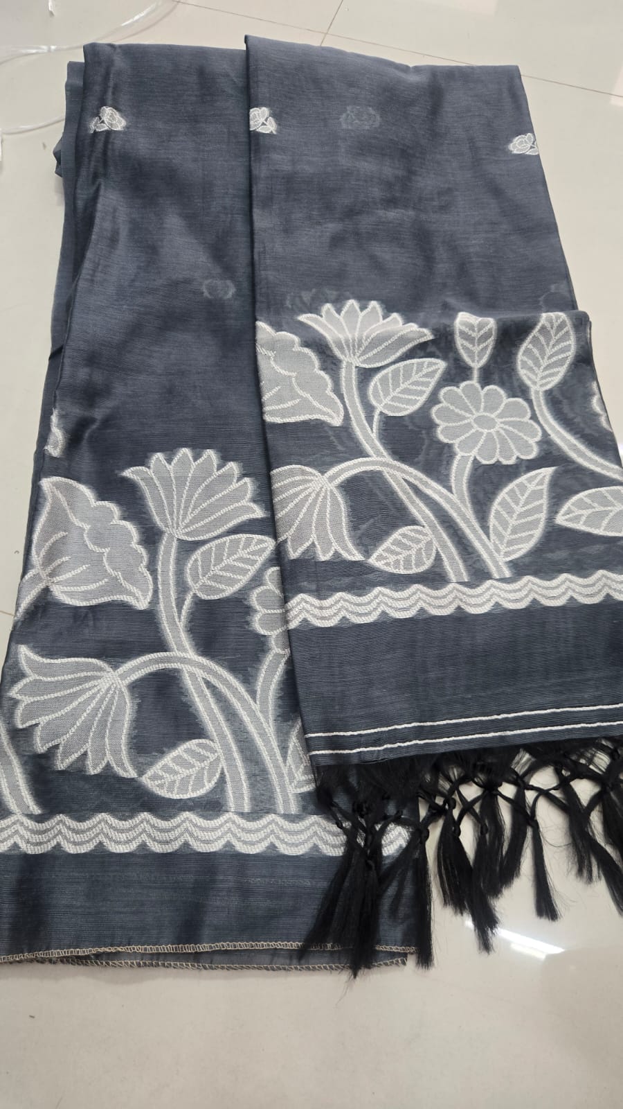 Slate Grey Jamdani with Floral Woven Design - Dress Material