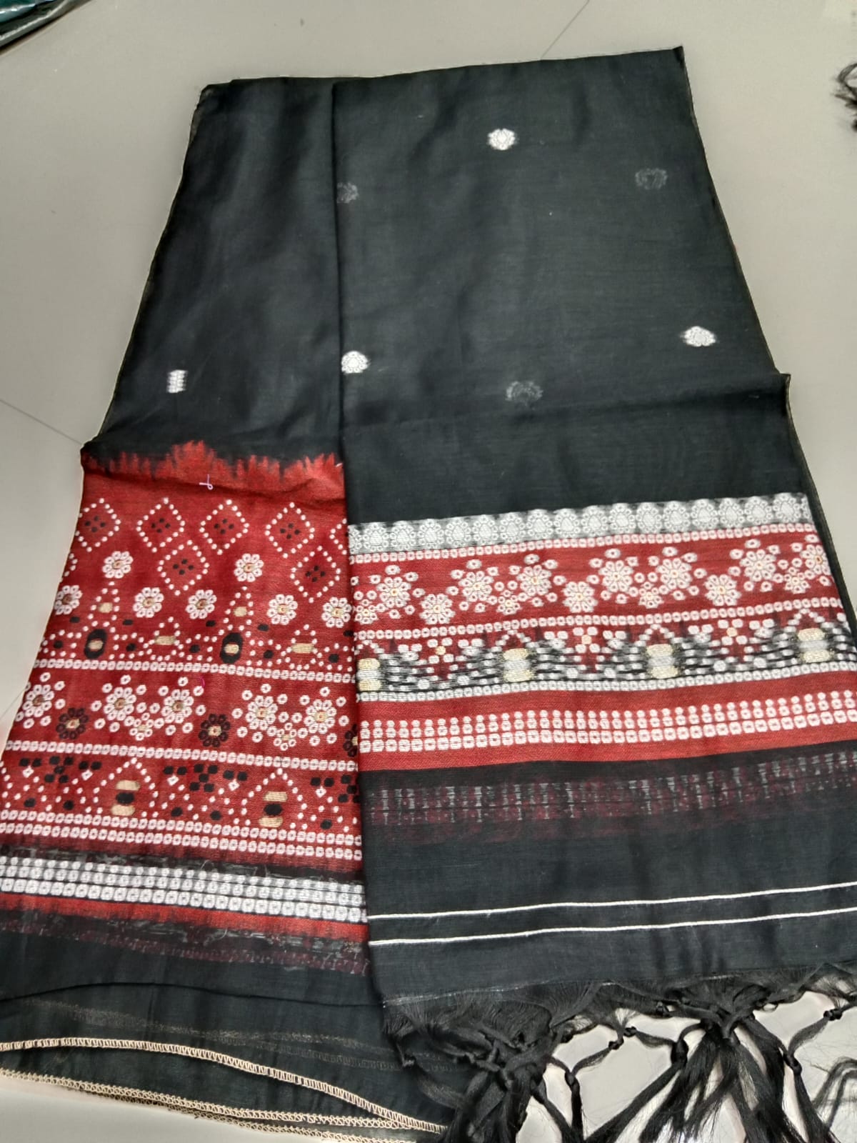 Black Jamdani Saree Maroon Designer Border - Dress Material
