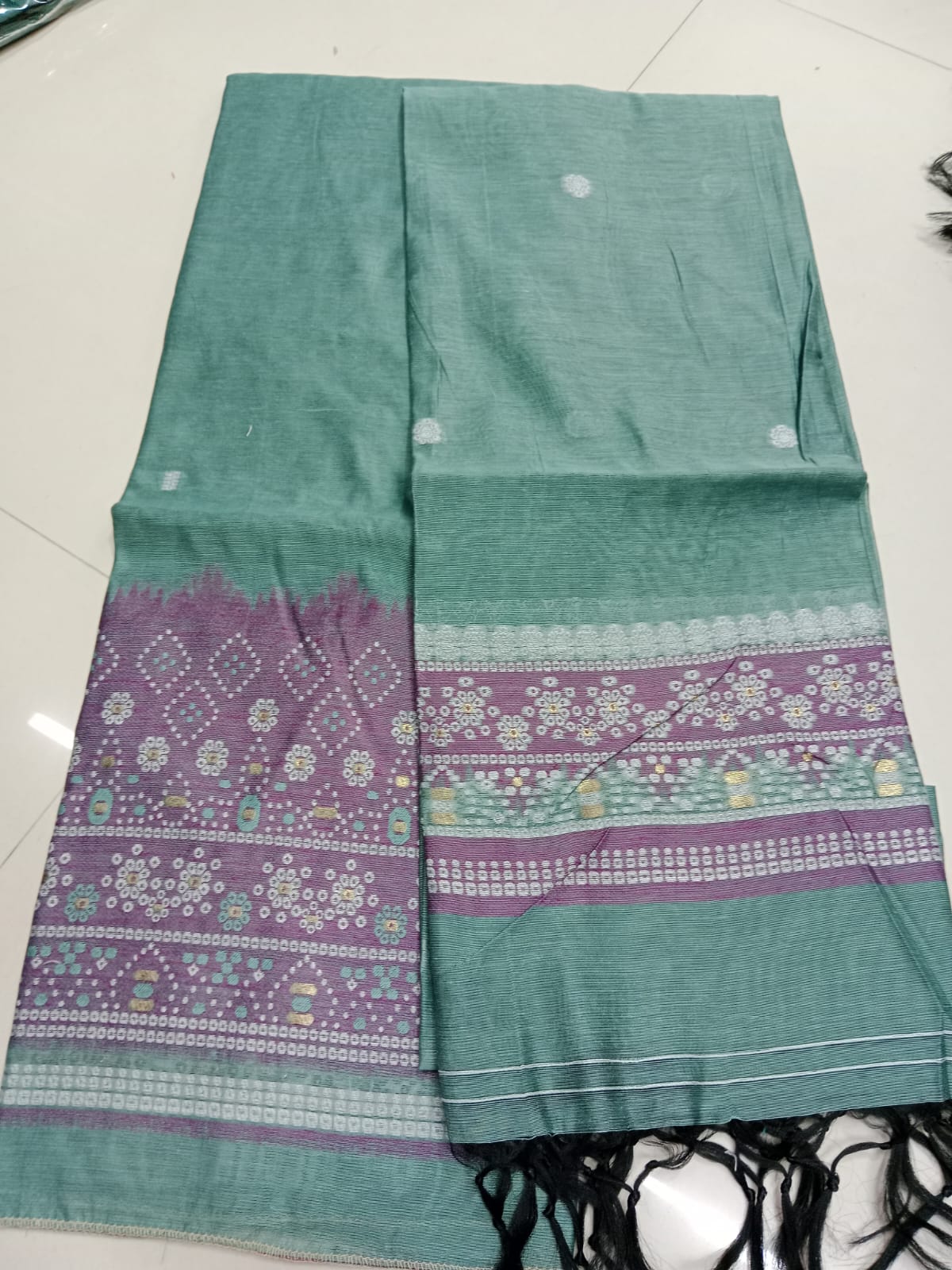 Mint Green Jamdani with Purple Designer Border - Dress Material