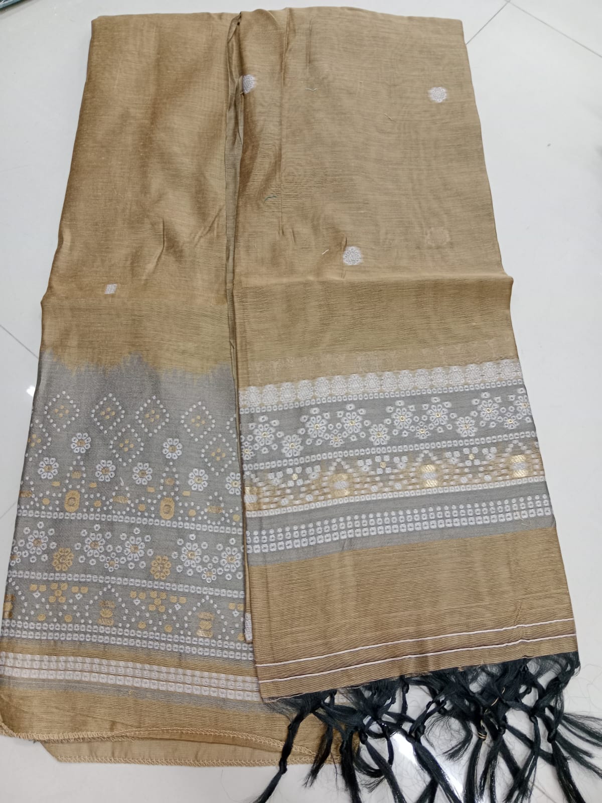 Beige Jamdani with Elegant Woven Border - Dress Material