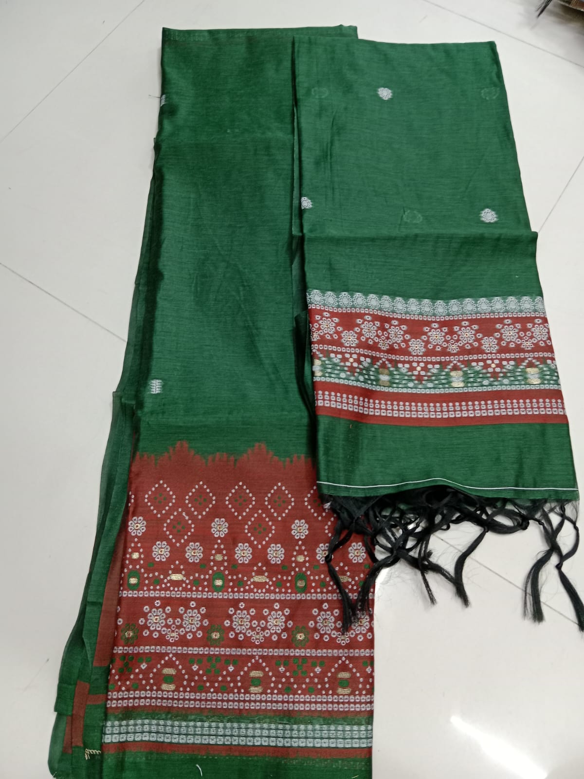Emerald Green Jamdani with Traditional Designer Border - Dress Material