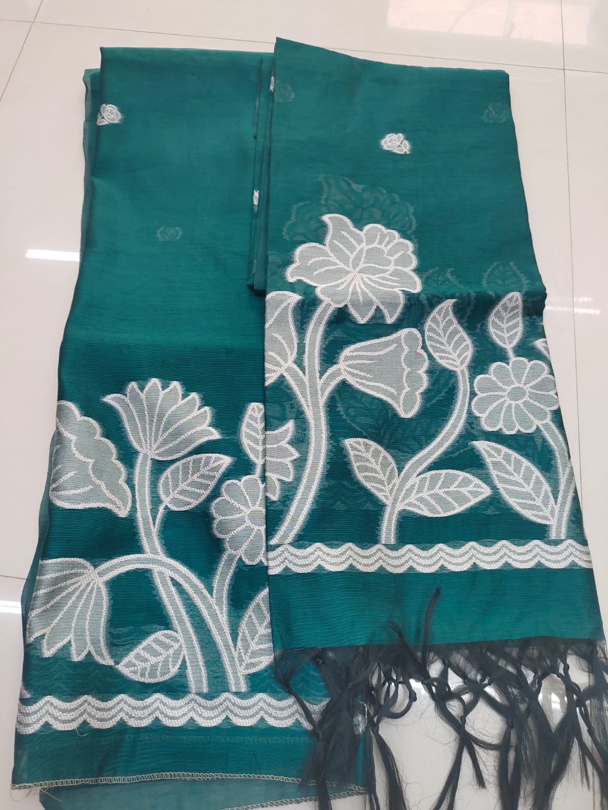 Teal Green Jamdani with Floral Woven Design - Dress Material
