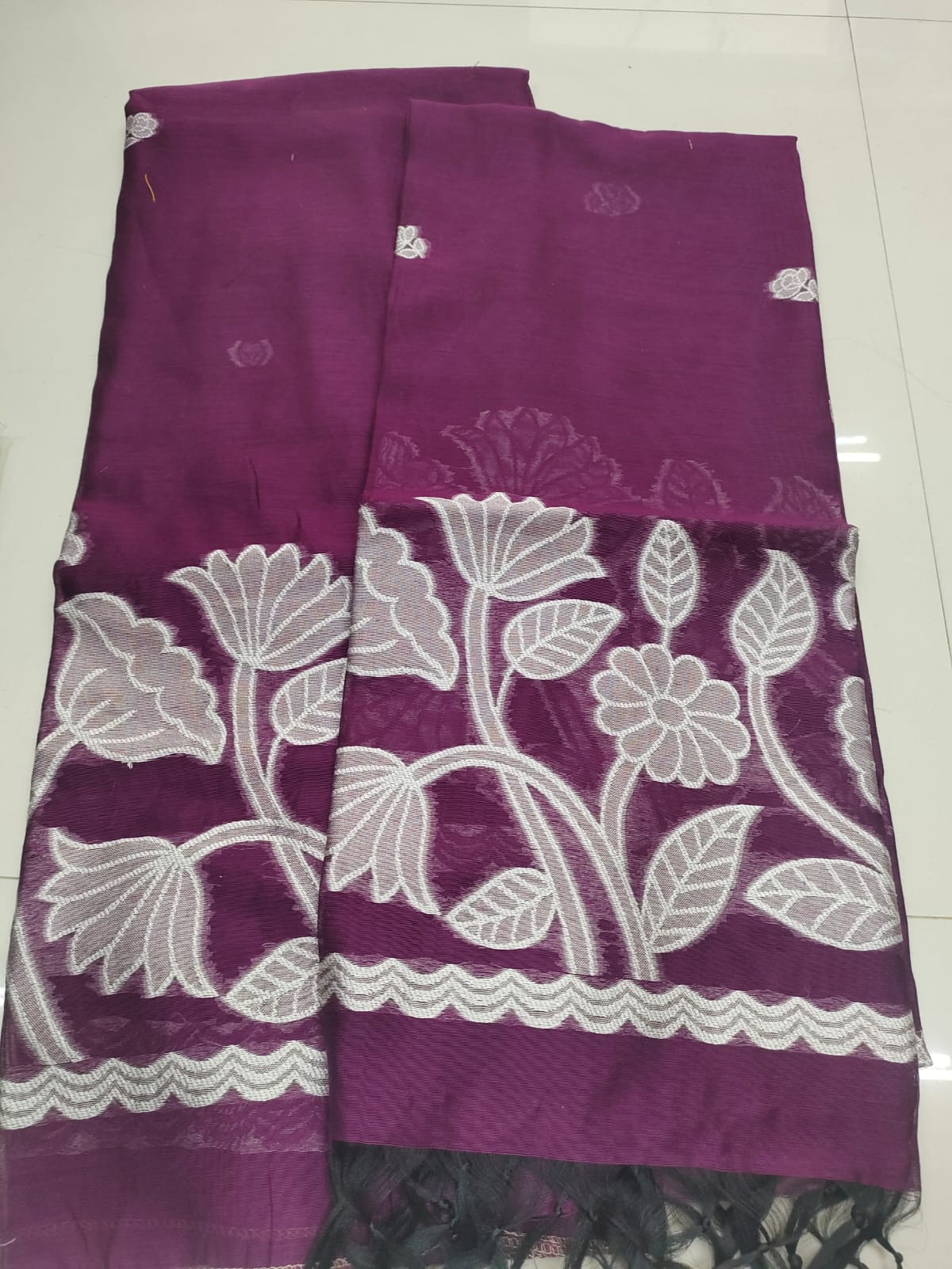Wine Purple Jamdani with Floral Woven Design  - Dress Material