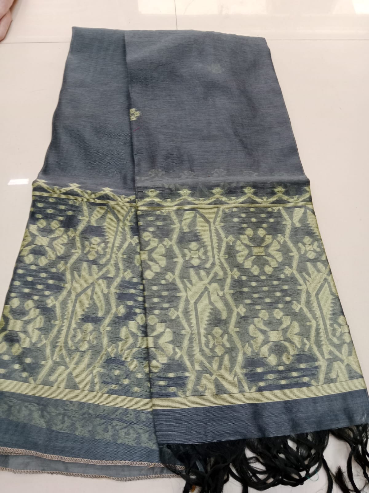 Steel Grey Jamdani with Traditional Woven Border   - Dress Material- Dress Material