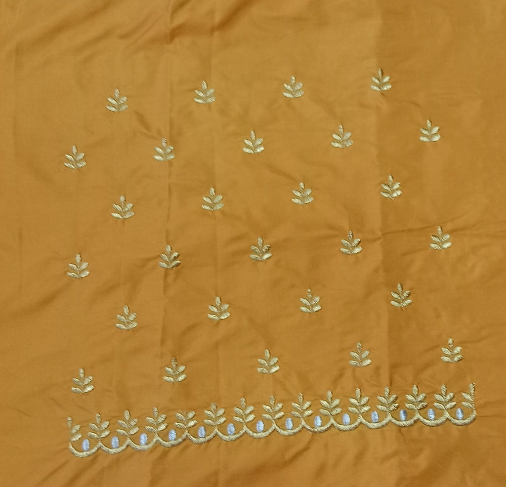 Mustard Gold Embroidery Blouse Fabric – Designer Half Pattu Material (1.25 Meter)