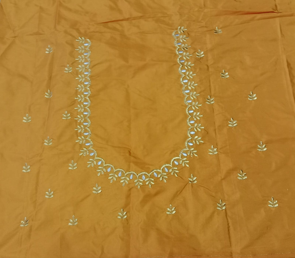 Mustard Gold Embroidery Blouse Fabric – Designer Half Pattu Material (1.25 Meter)