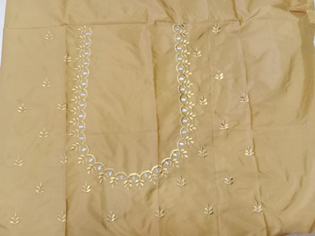 Beige Gold Embroidery Blouse Fabric – Designer Half Pattu Material (1.25 Meter)