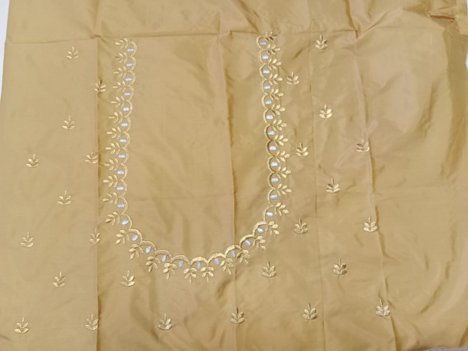 Beige Gold Embroidery Blouse Fabric – Designer Half Pattu Material (1.25 Meter)