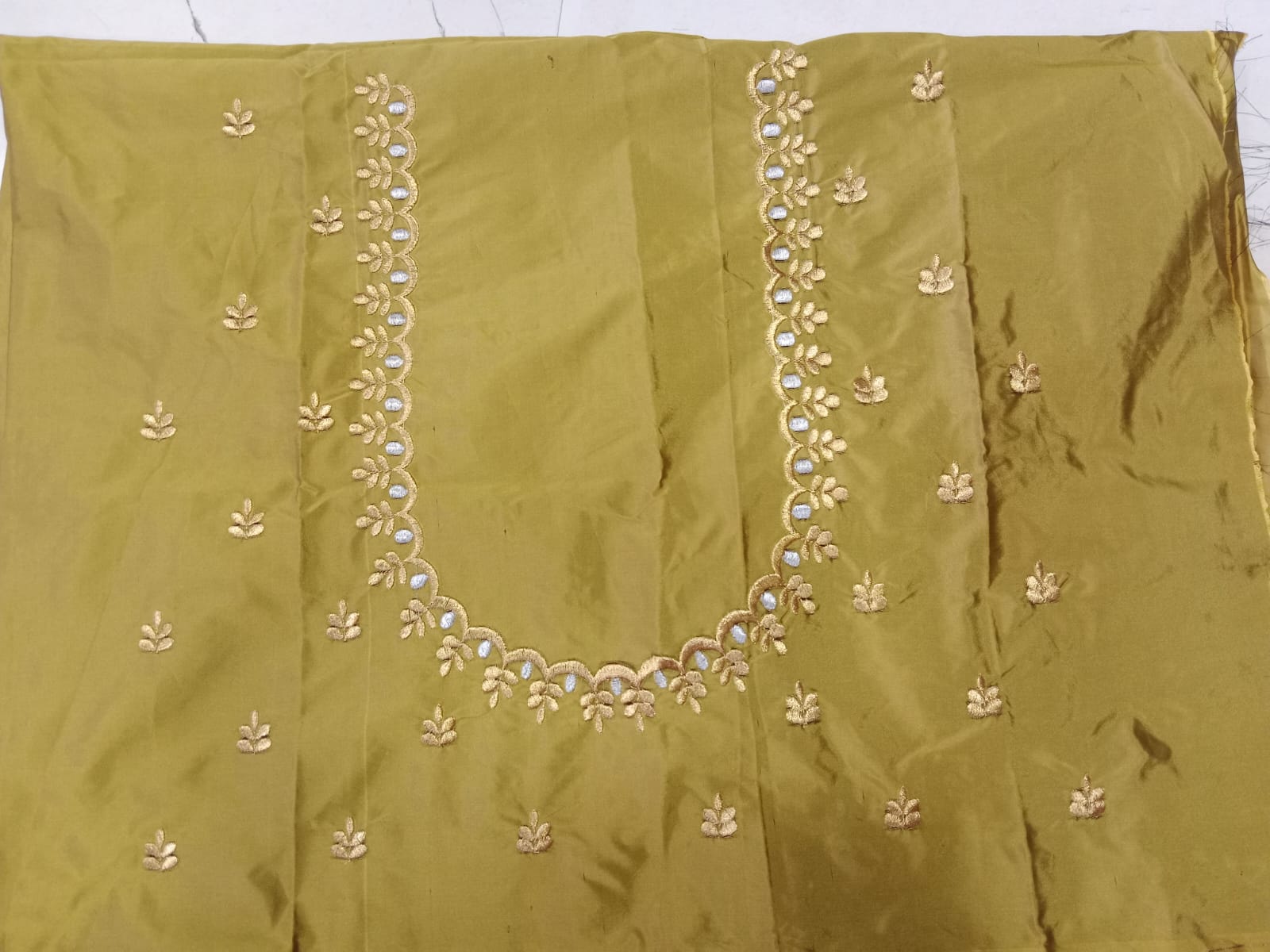 Mustard Yellow Embroidery Blouse Fabric – Designer Half Pattu Material (1.25 Meter)
