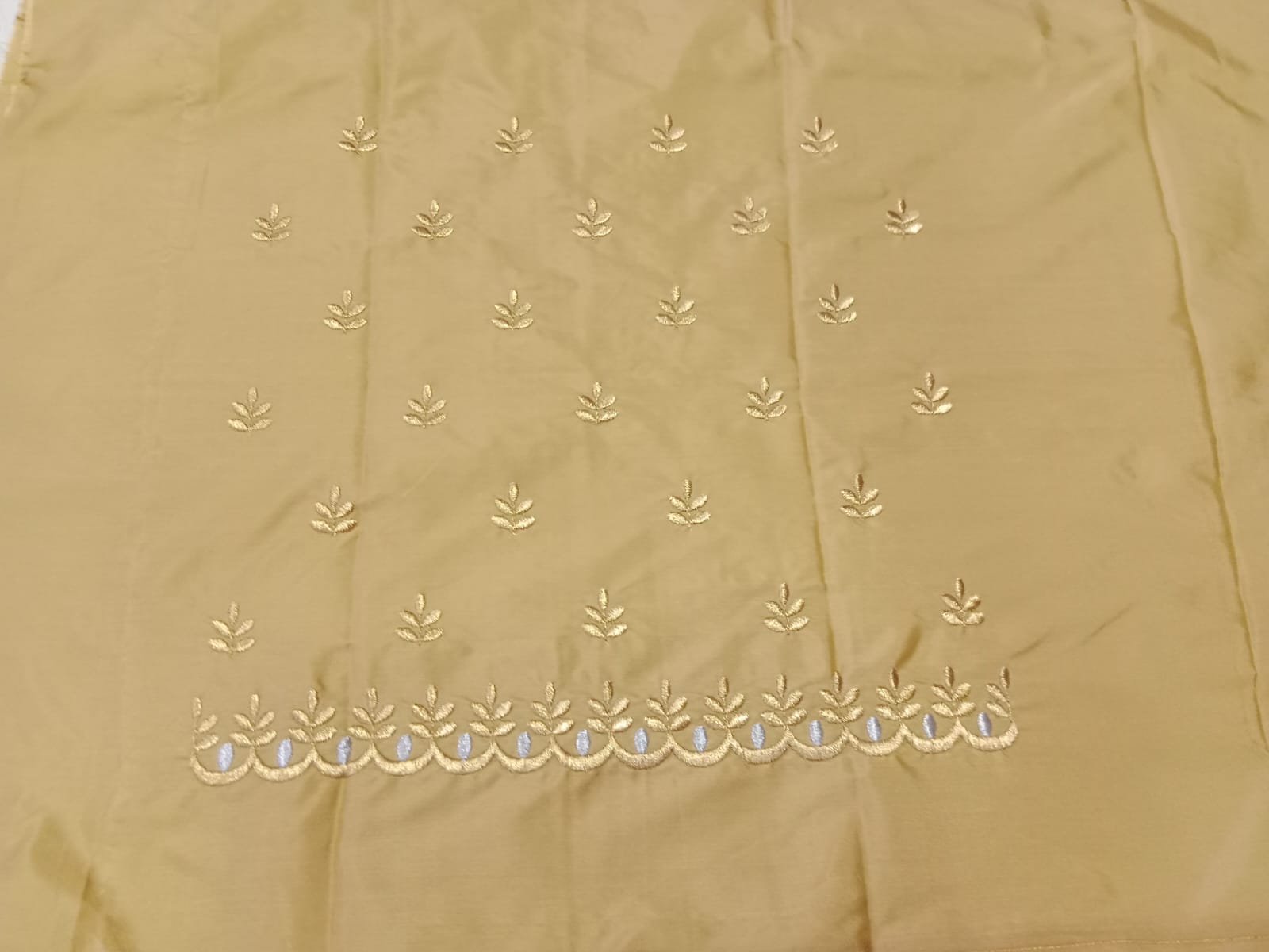 Beige Gold Embroidery Blouse Fabric – Designer Half Pattu Material (1.25 Meter)