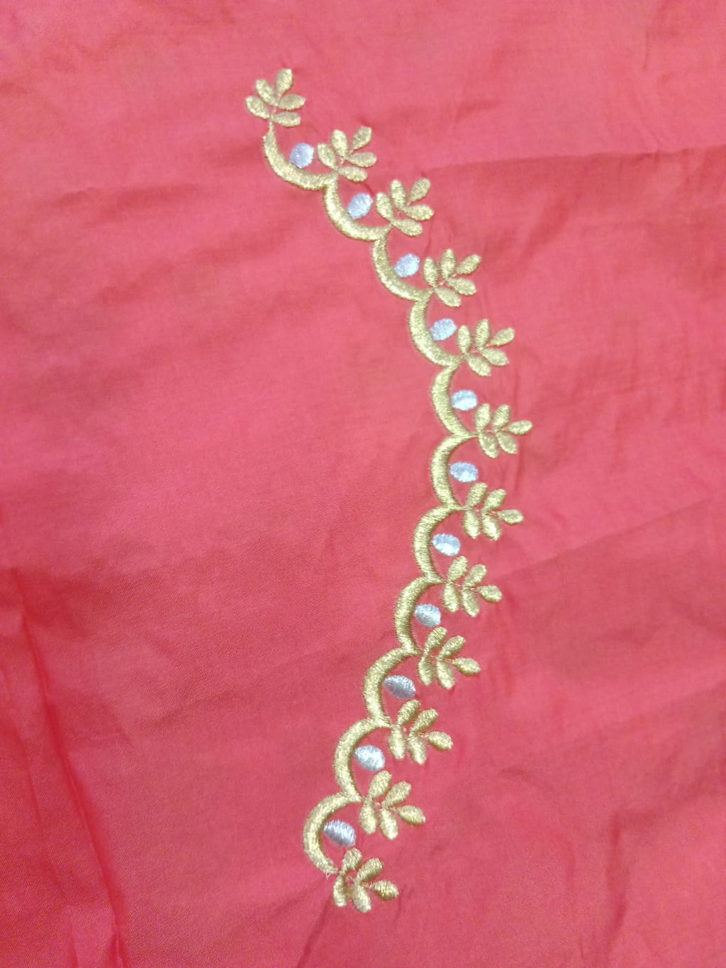 Coral Red Embroidery Blouse Fabric – Designer Half Pattu Material (1.25 Meter)
