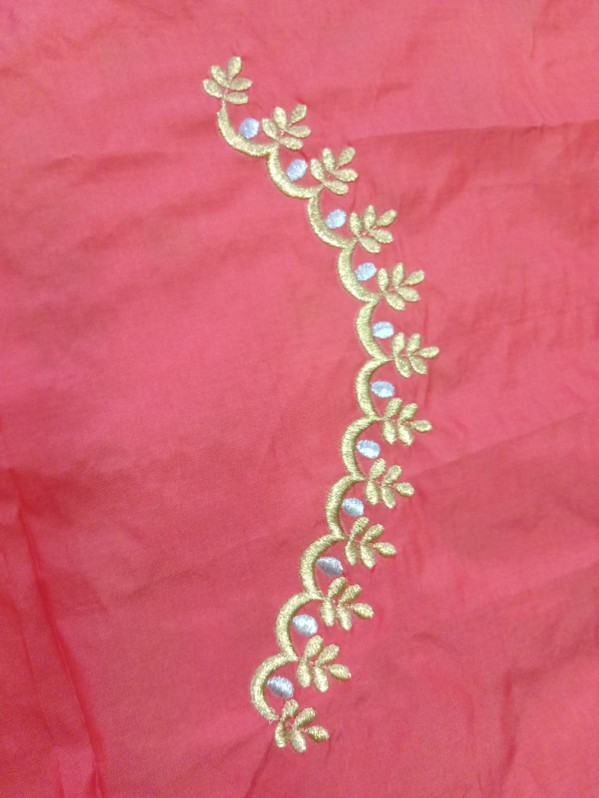 Coral Red Embroidery Blouse Fabric – Designer Half Pattu Material (1.25 Meter)