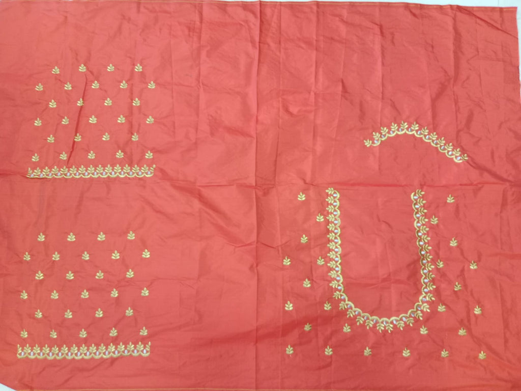Coral Red Embroidery Blouse Fabric – Designer Half Pattu Material (1.25 Meter)