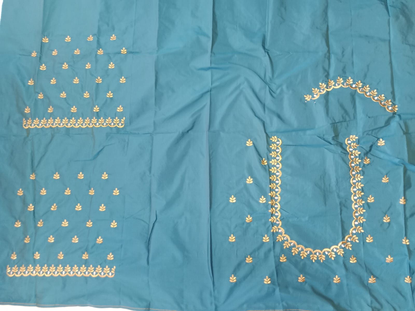 Teal Blue Embroidery Blouse Fabric – Designer Half Pattu Material (1.25 Meter)