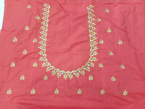 Coral Red Embroidery Blouse Fabric – Designer Half Pattu Material (1.25 Meter)