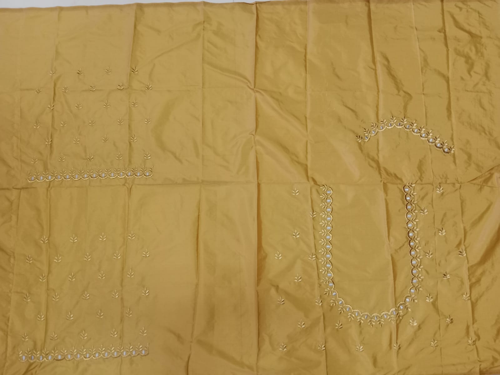 Beige Gold Embroidery Blouse Fabric – Designer Half Pattu Material (1.25 Meter)