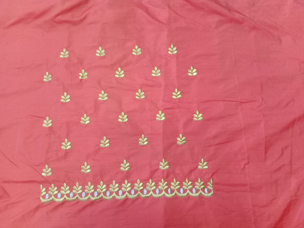 Coral Red Embroidery Blouse Fabric – Designer Half Pattu Material (1.25 Meter)