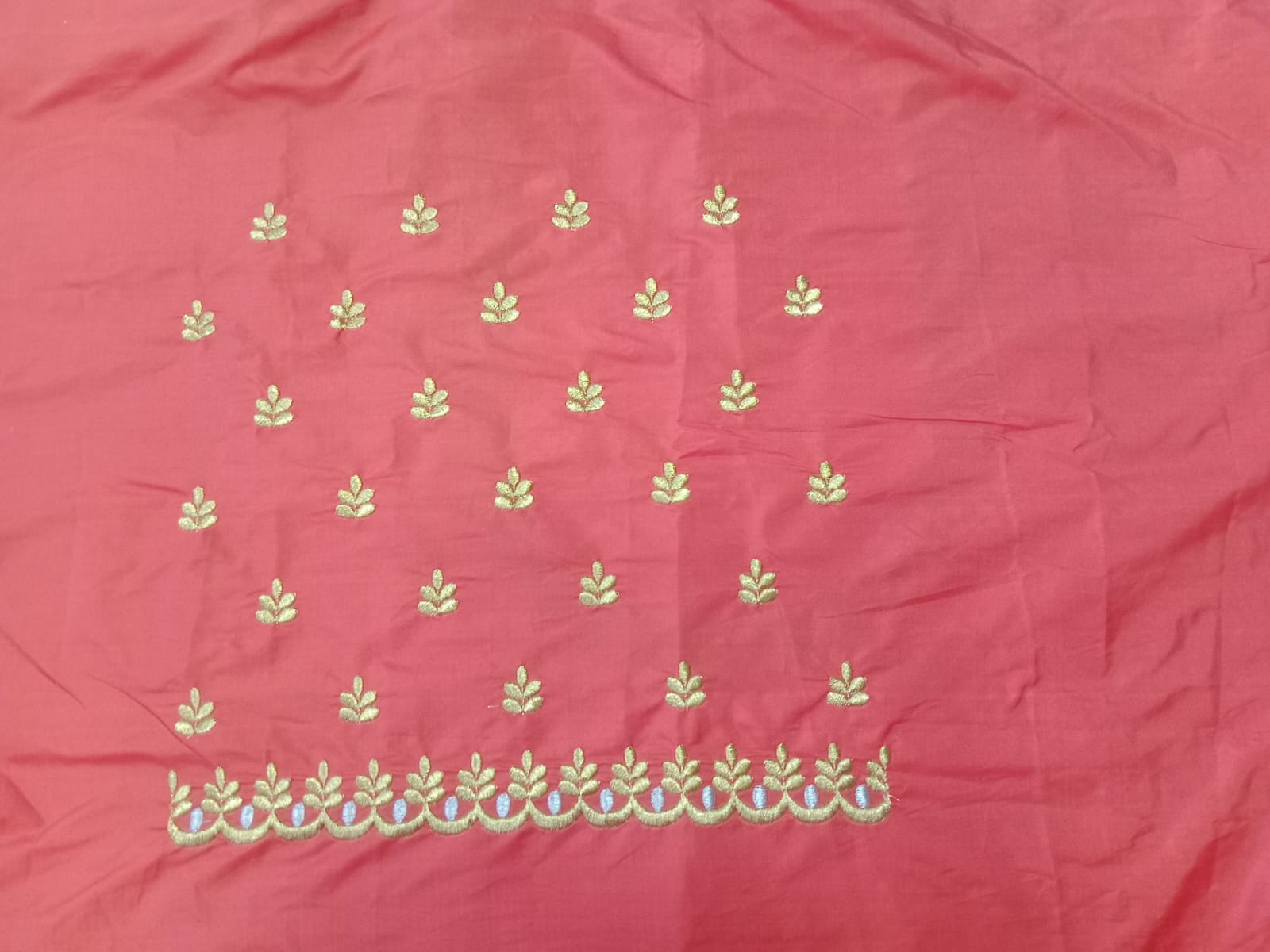 Coral Red Embroidery Blouse Fabric – Designer Half Pattu Material (1.25 Meter)