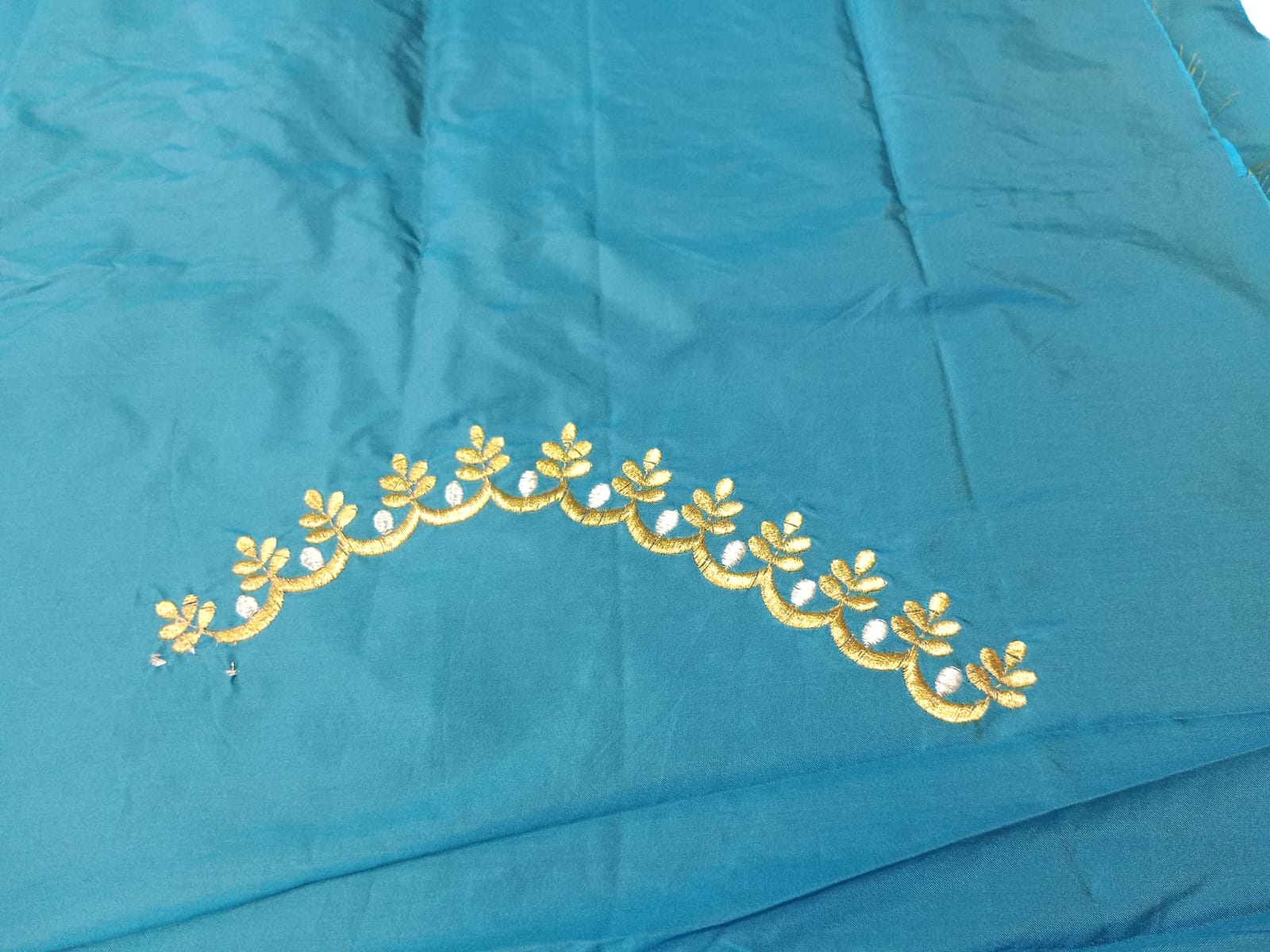 Teal Blue Embroidery Blouse Fabric – Designer Half Pattu Material (1.25 Meter)