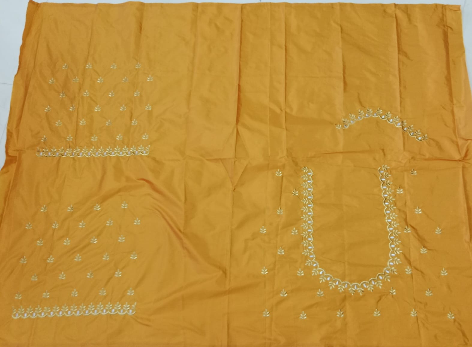 Mustard Gold Embroidery Blouse Fabric – Designer Half Pattu Material (1.25 Meter)