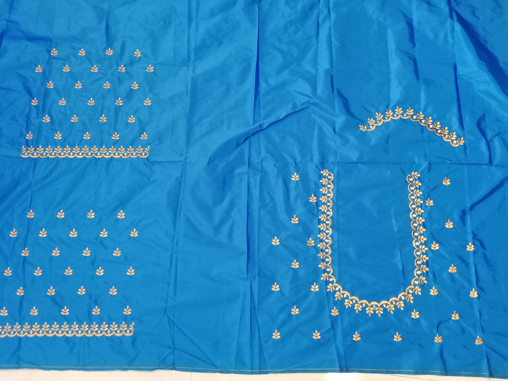 Teal Blue Embroidery Blouse Fabric – Designer Half Pattu Material (1.25 Meter)