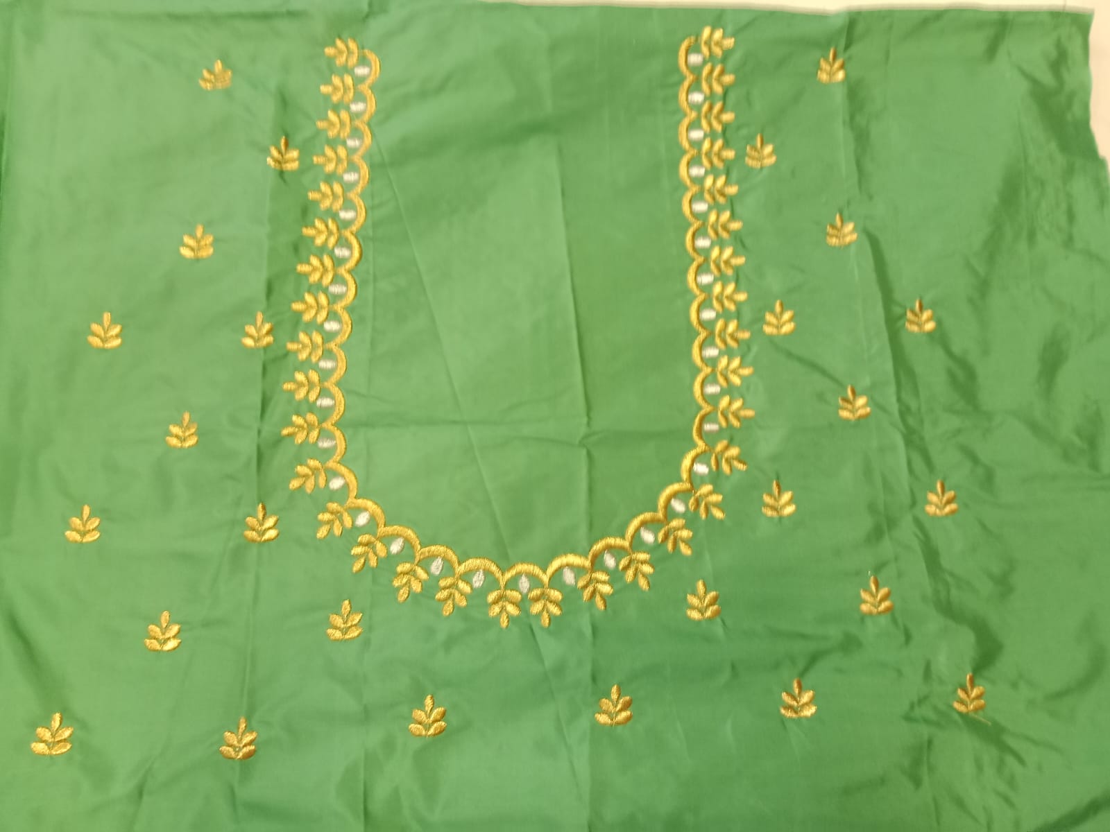 Designer Embroidery Blouse Fabric – Green Half Pattu Material (1.25 Meter)