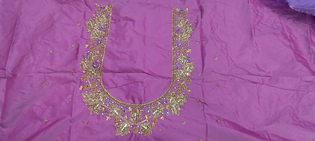 Elegant Purple Maggam Work Blouse Material with Handcrafted Lotus Embroidery