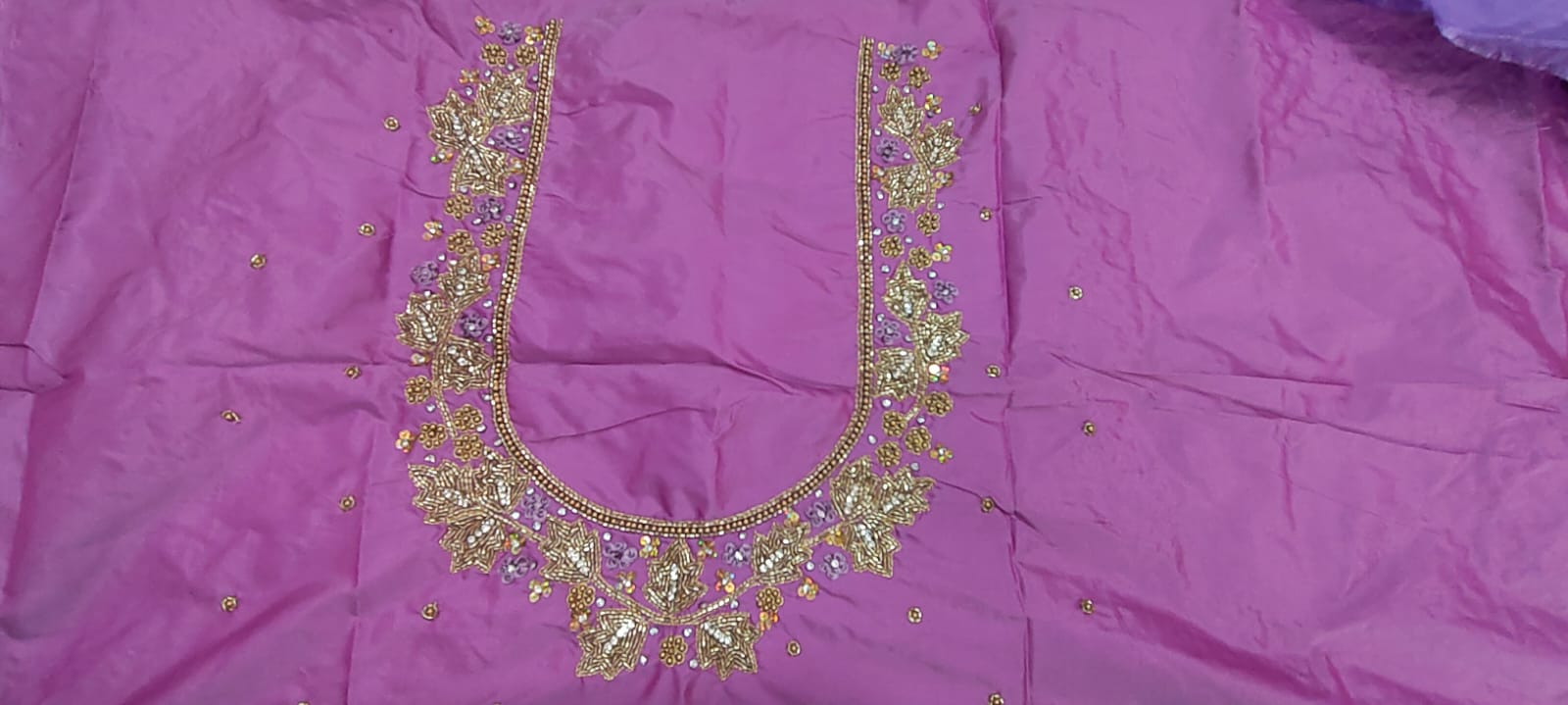 Elegant Purple Maggam Work Blouse Material with Handcrafted Lotus Embroidery