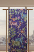 Embroidered fabric with colorful animals and floral patterns on a purple background