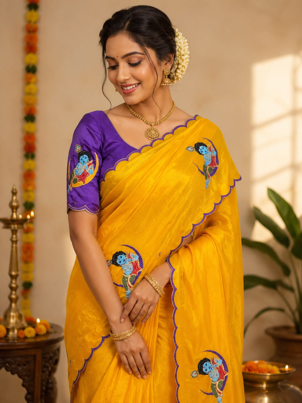 Krishna Embroidered Space Silk Saree