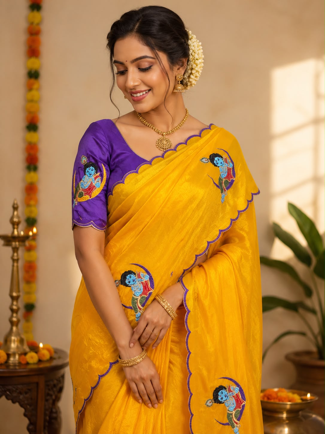 Krishna Embroidered Space Silk Saree