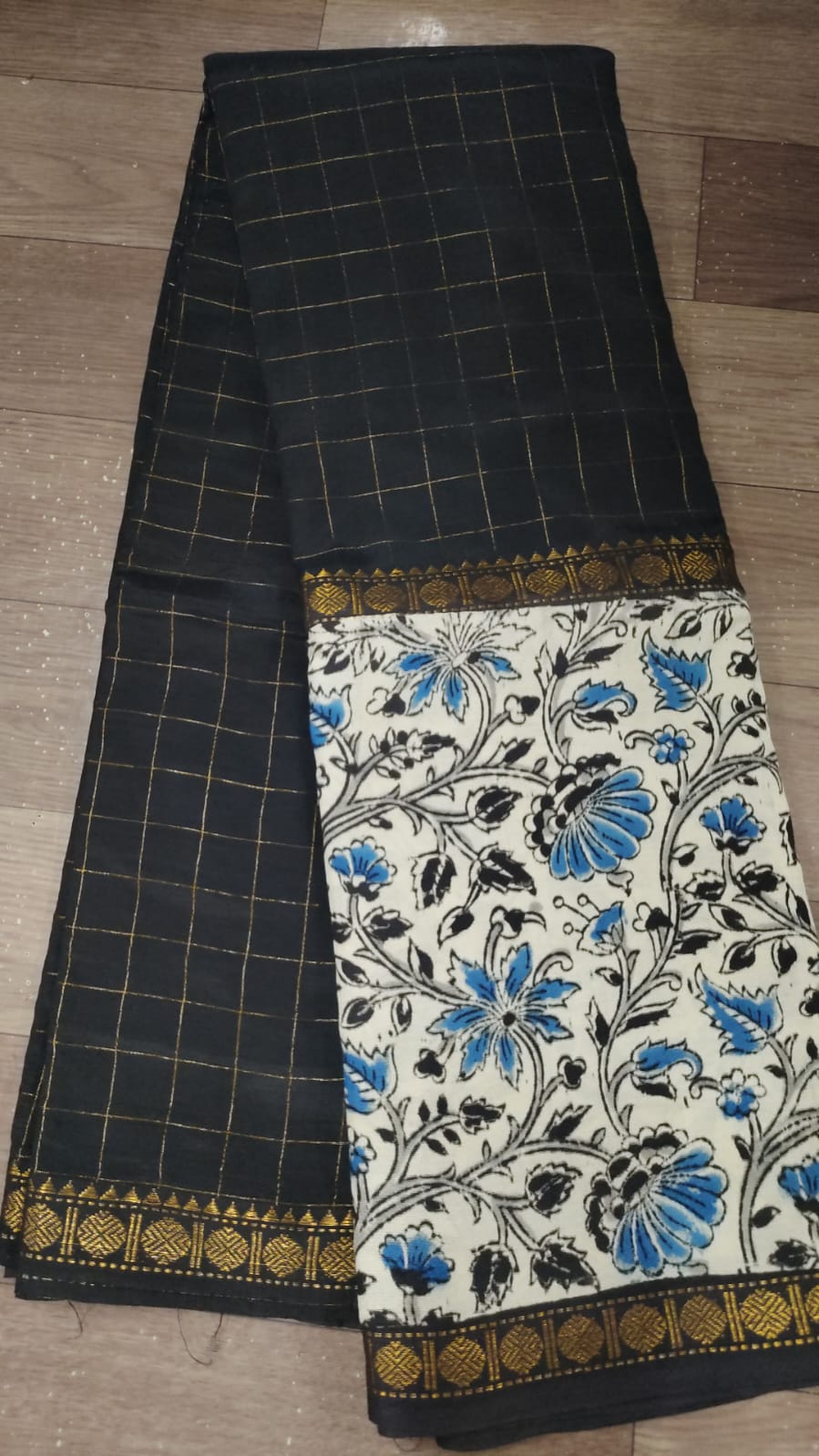 uppada pattu checks saree with kalamkari digital print border