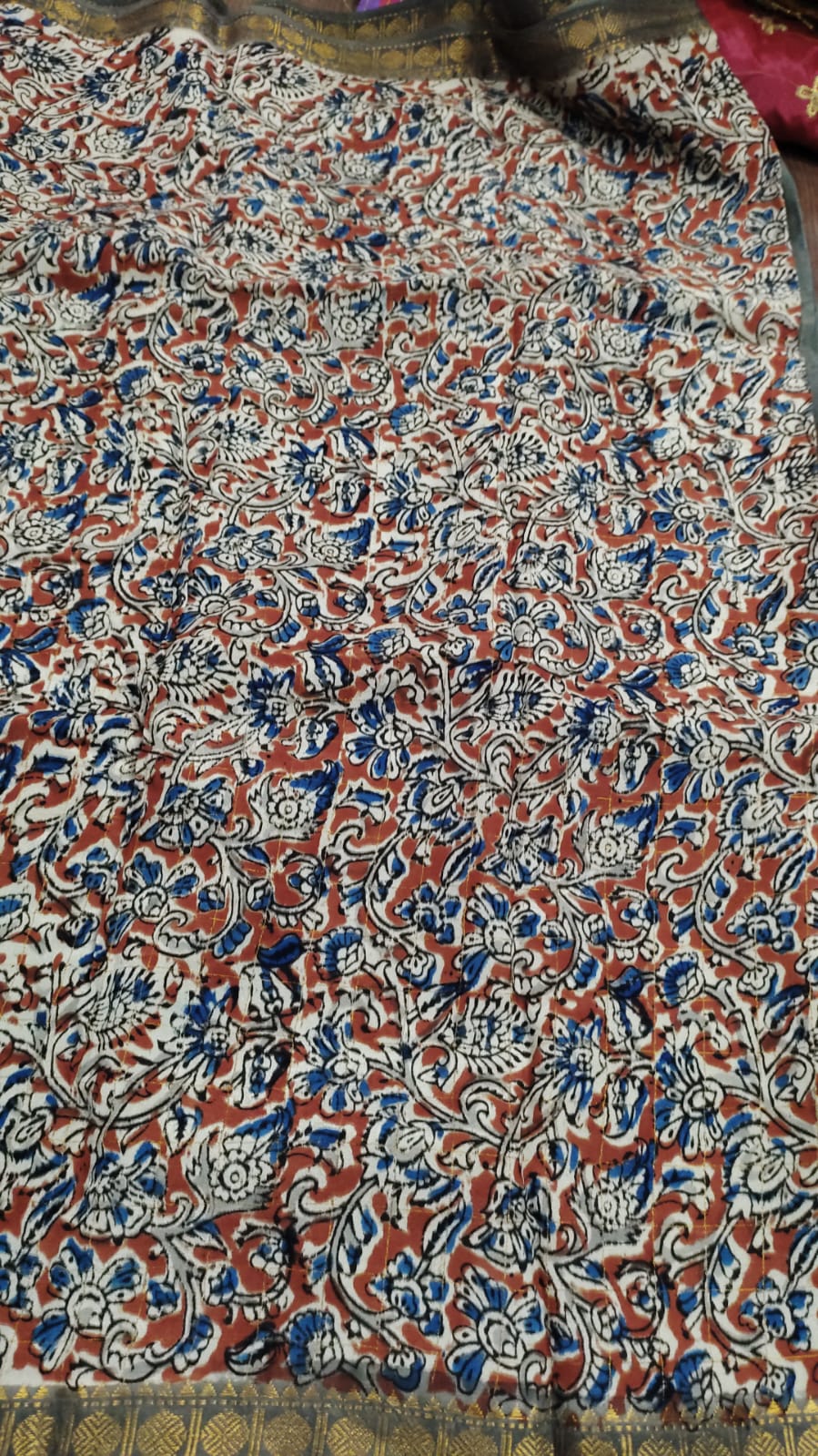 uppada pattu checks saree with kalamkari digital print border