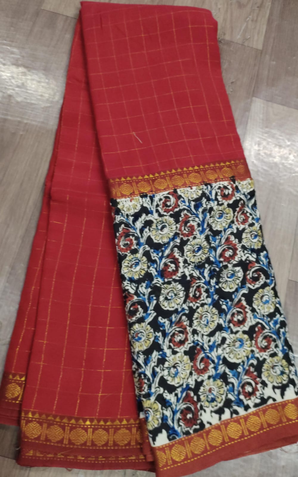 uppada pattu checks saree with kalamkari digital print border