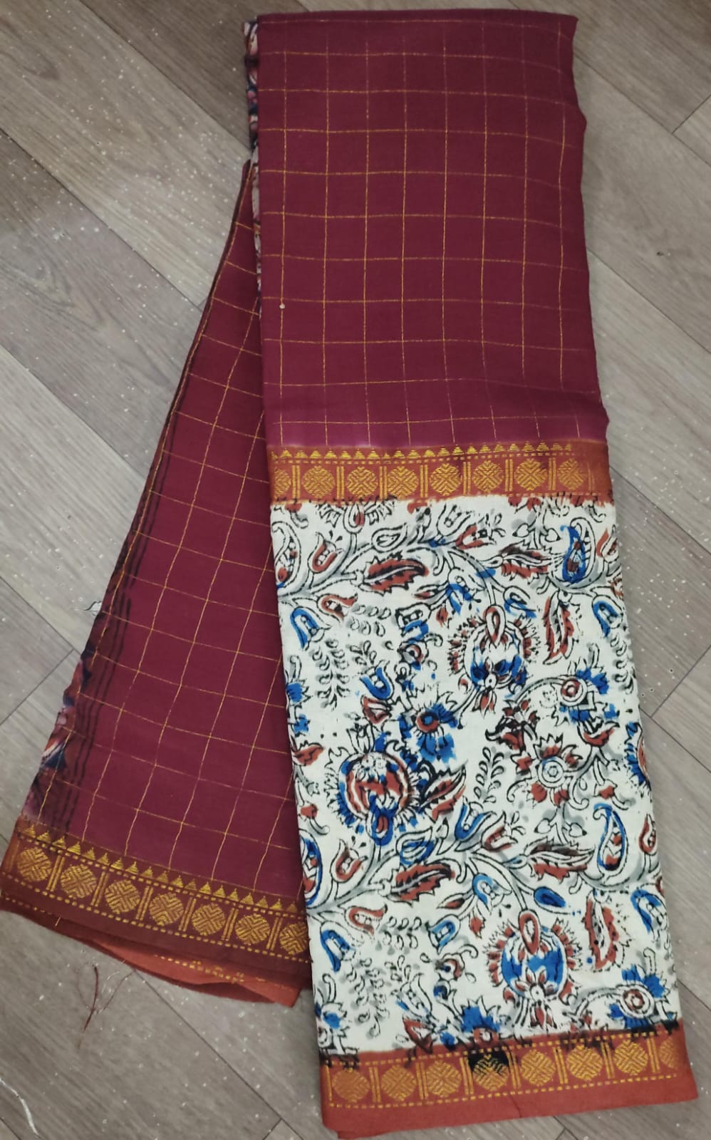 uppada pattu checks saree with kalamkari digital print border