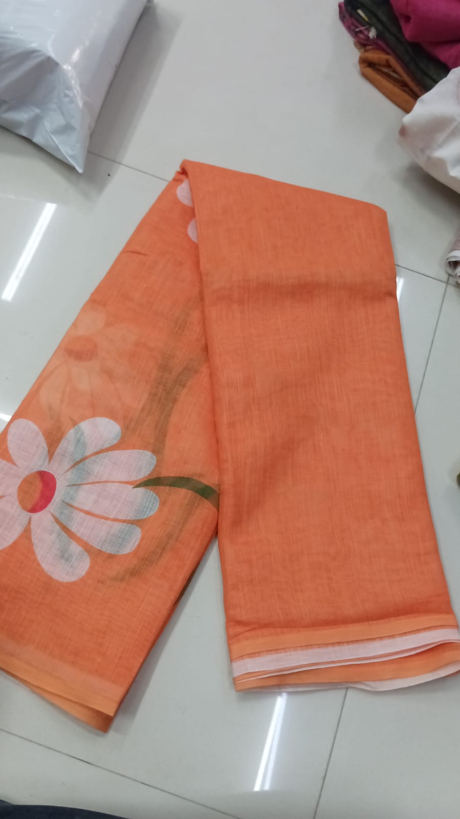 Peach Orange Floral Linen Saree